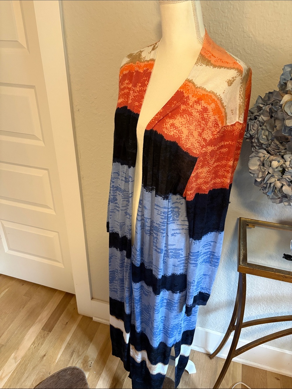 Nic + Zoe Blue and Orange Open-Front Long duster in Cardigan Sweater